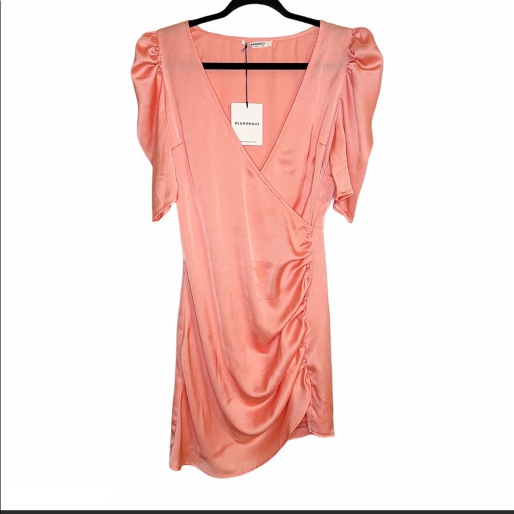 GLAMOROUS| NWT Peach Satin Asymmetrical Wr…